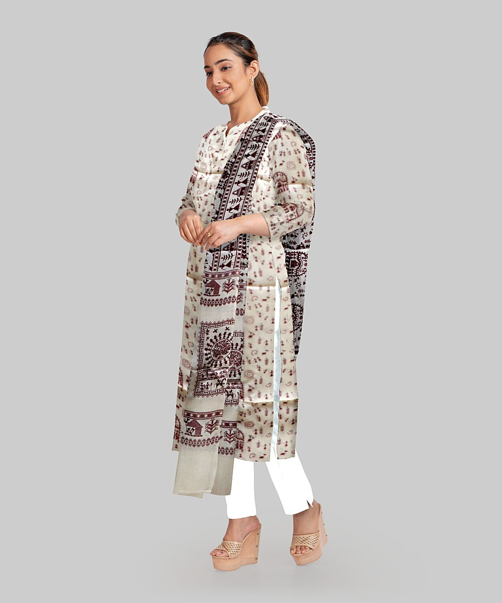 Cream Maroon Handloom Gopalpur Tussar Silk Dress Material