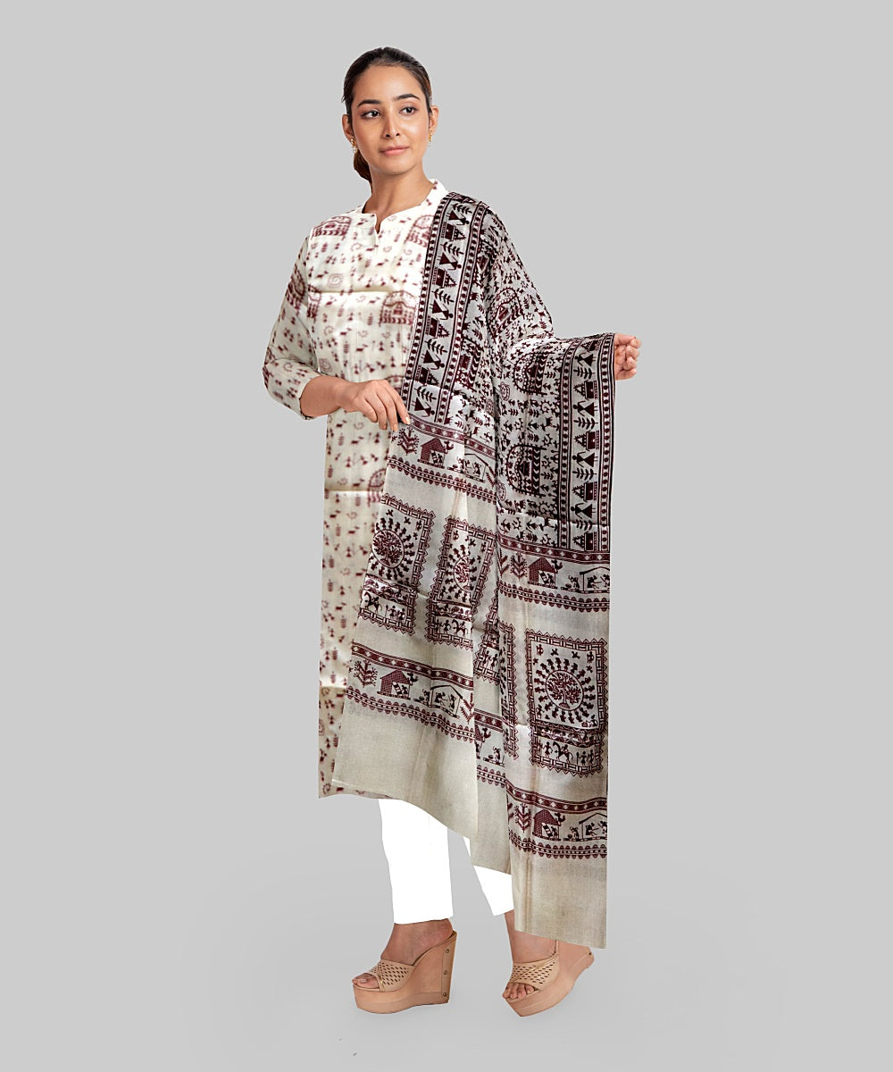 Cream Maroon Handloom Gopalpur Tussar Silk Dress Material