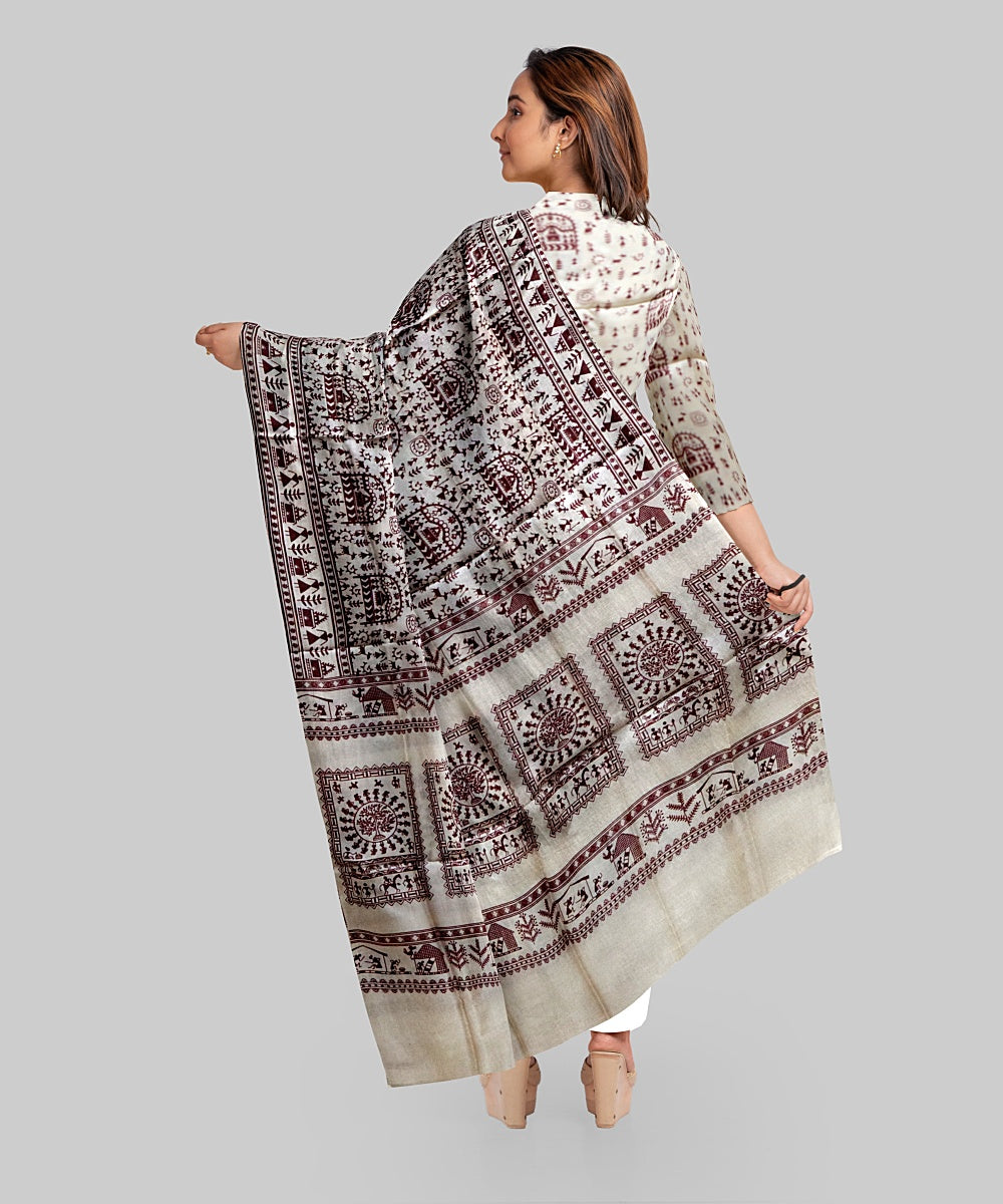 Cream Maroon Handloom Gopalpur Tussar Silk Dress Material