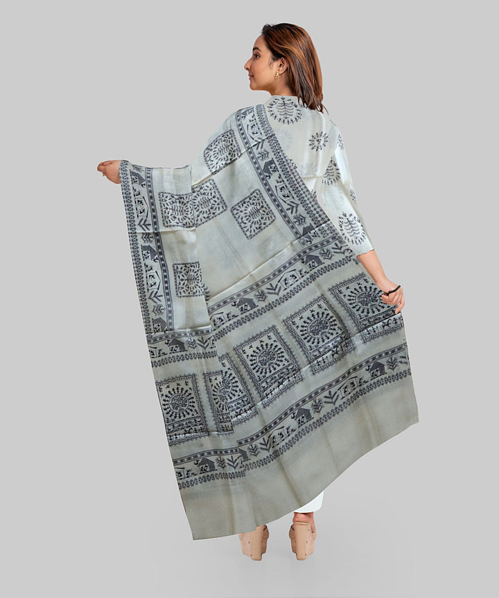 Cream Black Handloom Gopalpur Tussar Silk Dress Material