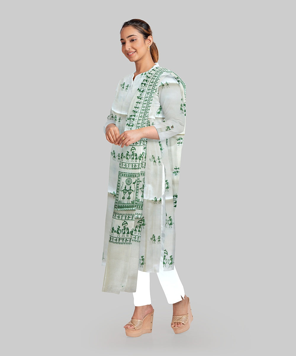 Cream Dark Green Handloom Gopalpur Tussar Silk Dress Material