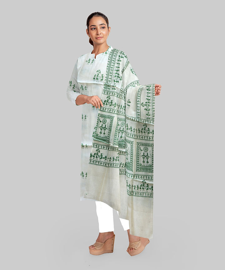 Cream Dark Green Handloom Gopalpur Tussar Silk Dress Material
