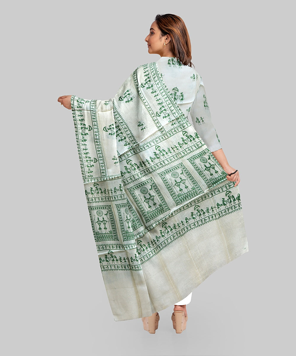 Cream Dark Green Handloom Gopalpur Tussar Silk Dress Material