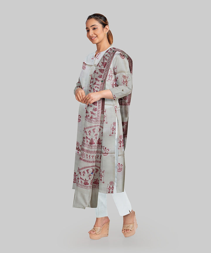 Cream Dark Red Handloom Gopalpur Tussar Silk Dress Material