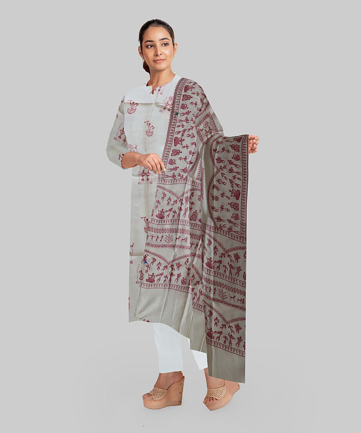 Cream Dark Red Handloom Gopalpur Tussar Silk Dress Material