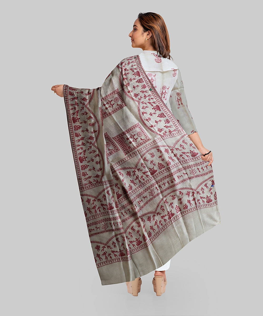 Cream Dark Red Handloom Gopalpur Tussar Silk Dress Material