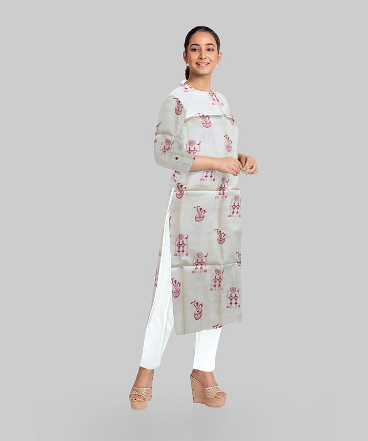 Cream Dark Red Handloom Gopalpur Tussar Silk Dress Material