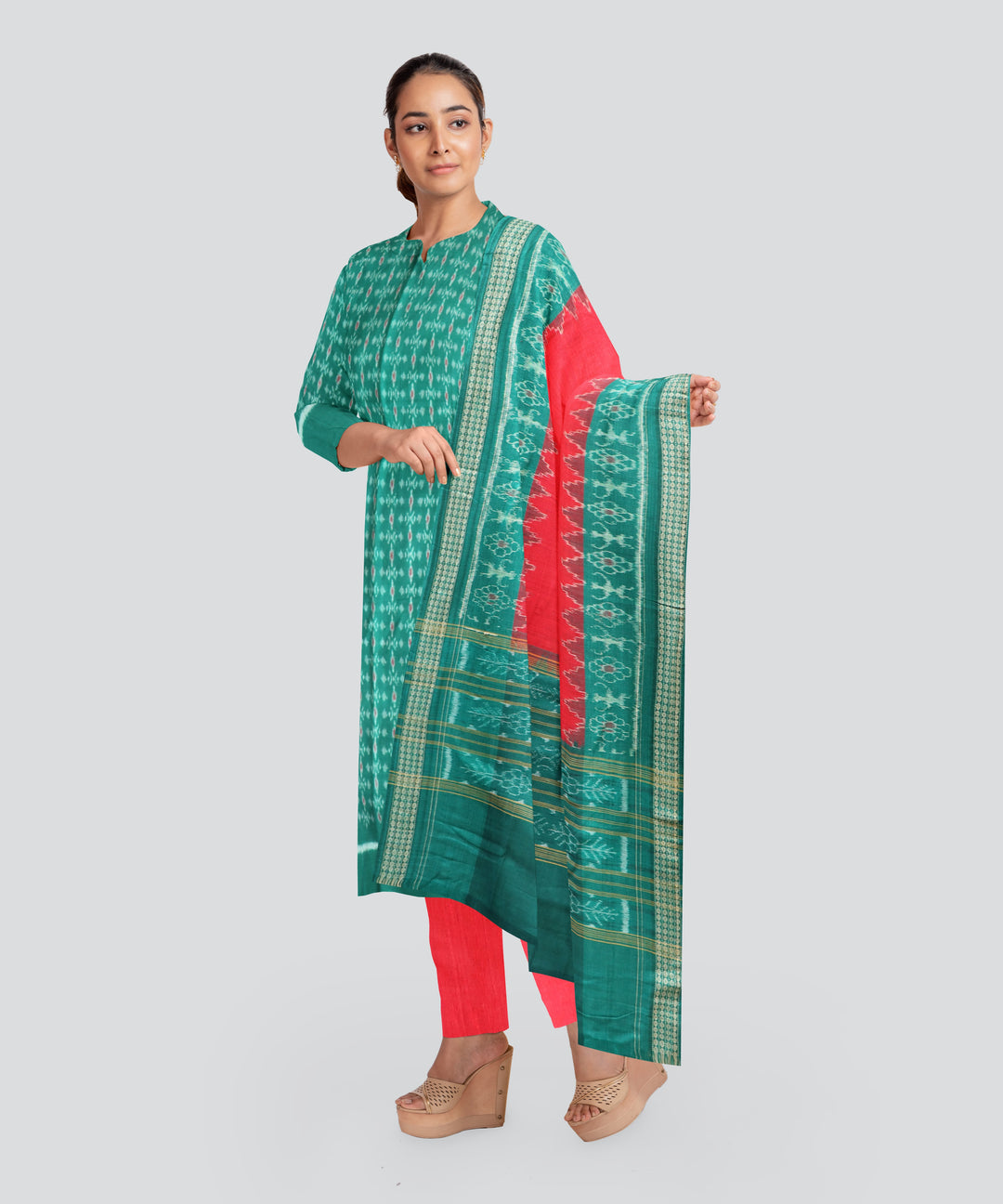 Dark Green Dark Red Handloom Cotton Sambalpuri Dress Material