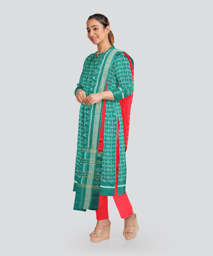 Dark Green Dark Red Handloom Cotton Sambalpuri Dress Material