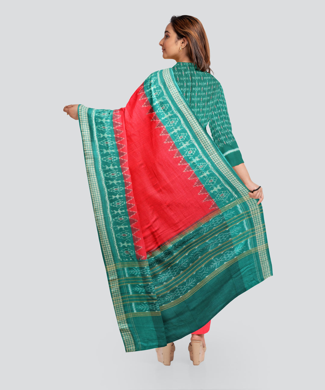 Dark Green Dark Red Handloom Cotton Sambalpuri Dress Material