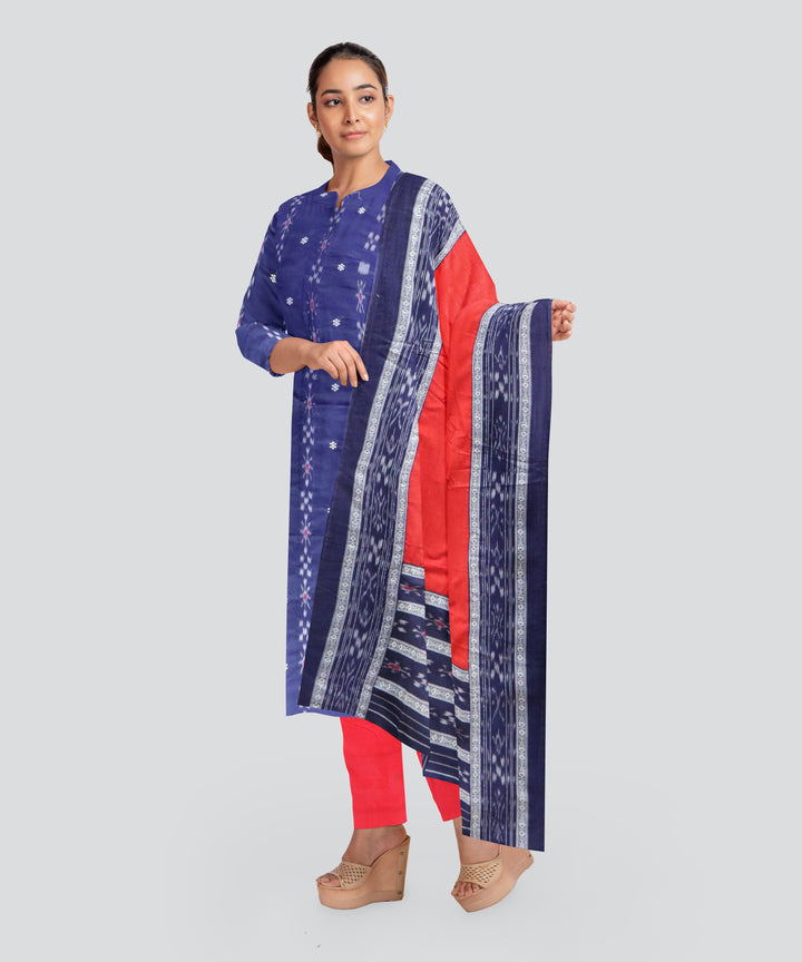 Cyan Blue Dark Red Handloom Cotton Nuapatna Dress Material