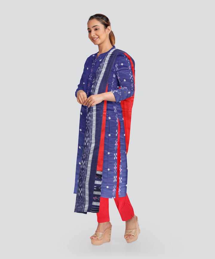 Cyan Blue Dark Red Handloom Cotton Nuapatna Dress Material