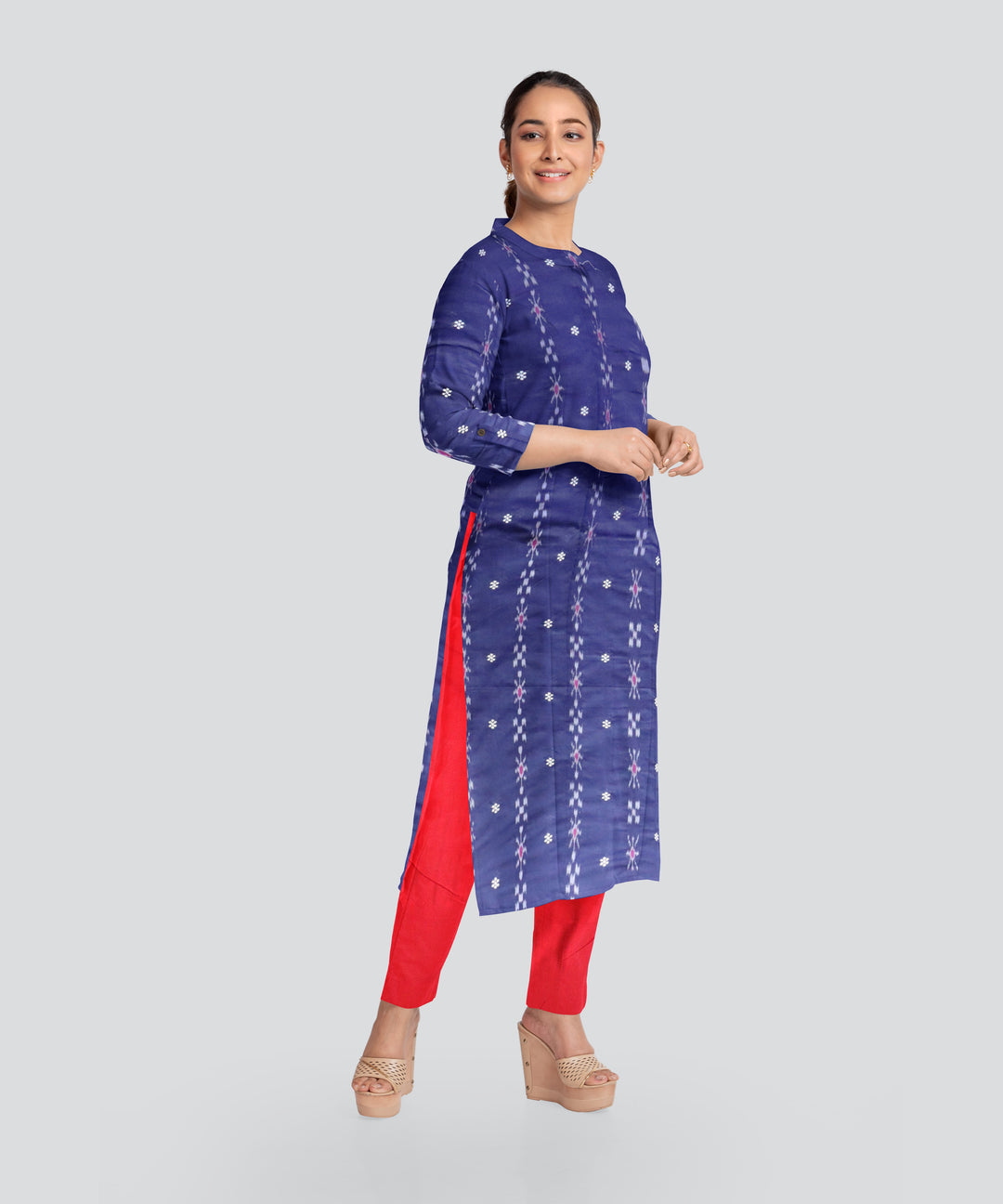 Cyan Blue Dark Red Handloom Cotton Nuapatna Dress Material