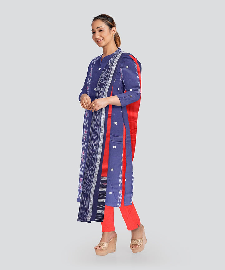 Cyan Blue Dark Red Handloom Nuapatna Cotton Dress Material