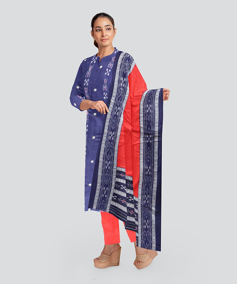 Cyan Blue Dark Red Handloom Nuapatna Cotton Dress Material