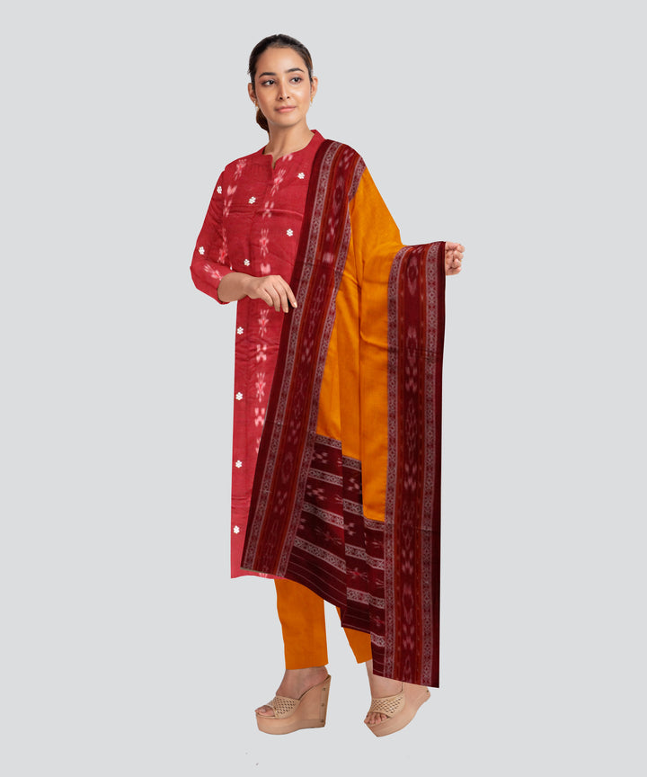 Maroon Yellow Handloom Cotton Nuapatna Dress Material
