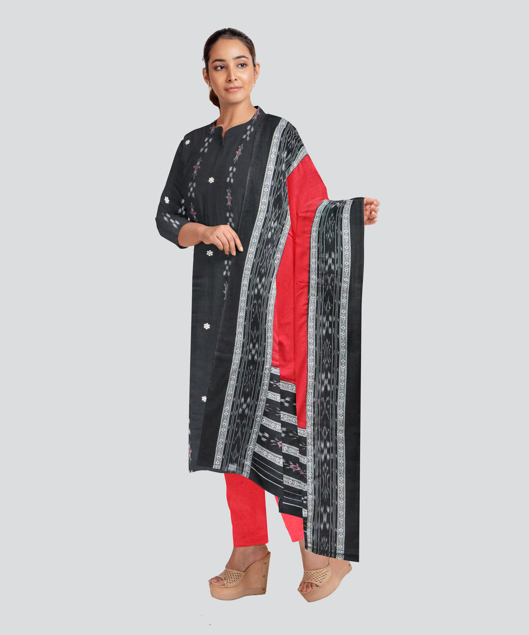 Black Dark Red Handloom Cotton Nuapatna Dress Material