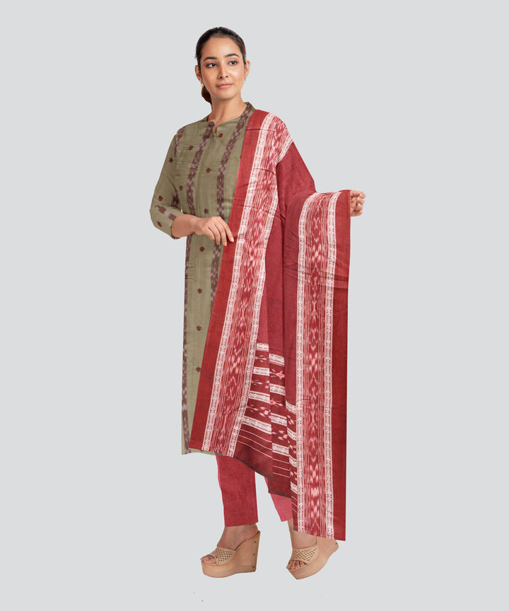 Beige Maroon Handloom Cotton Nuapatna Dress Material