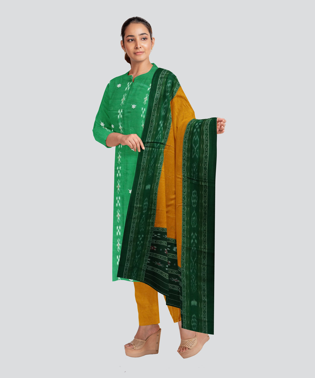Dark Green Dark Yellow Handloom Cotton Nuapatna Dress Material