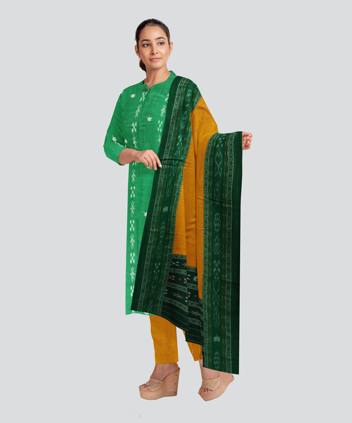 Dark Green Dark Yellow Handloom Cotton Nuapatna Dress Material