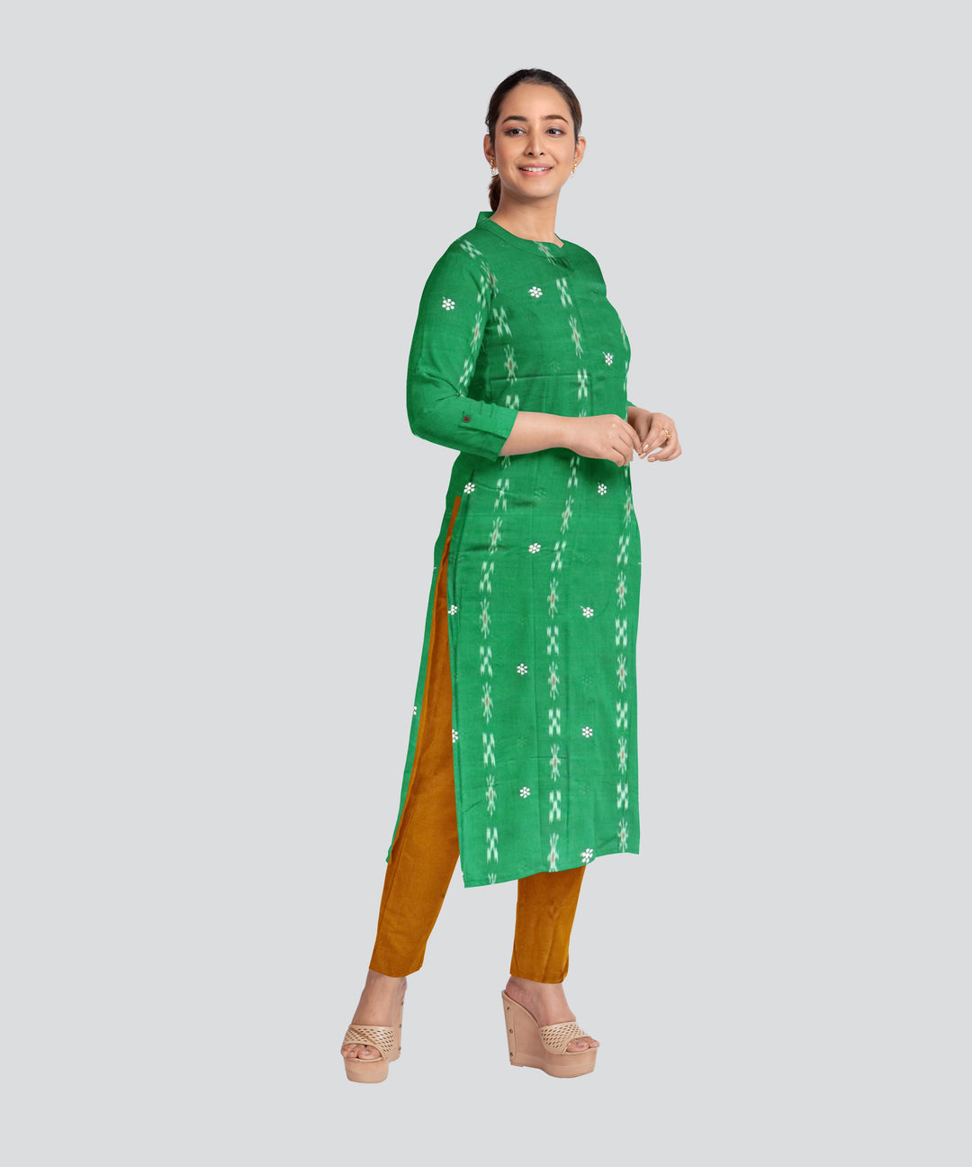 Dark Green Dark Yellow Handloom Cotton Nuapatna Dress Material