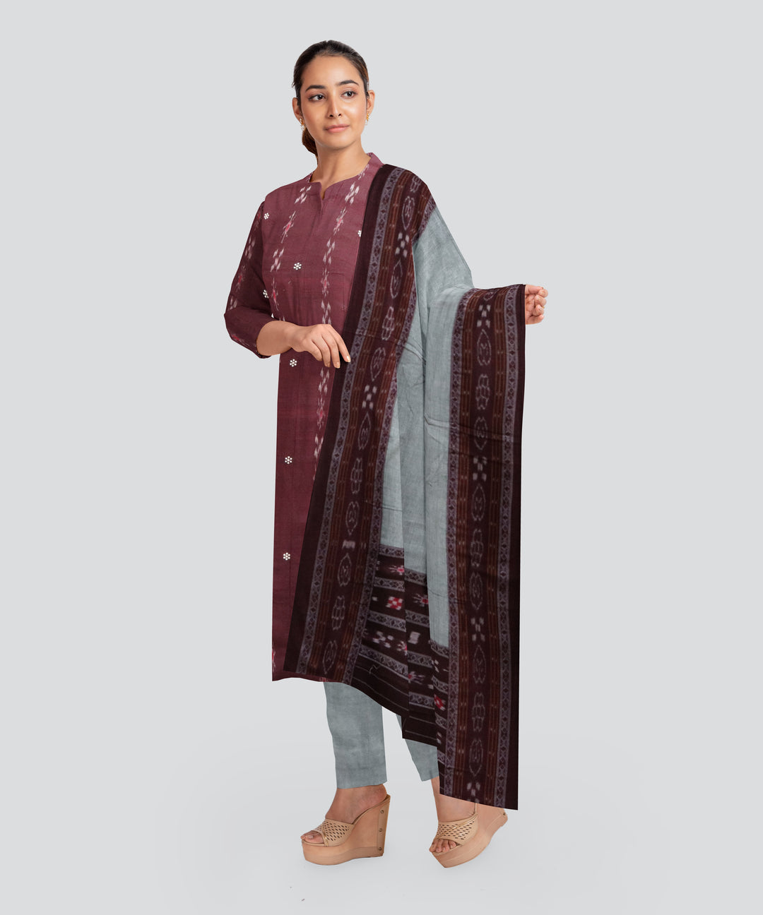 Maroon Grey Handloom Cotton Nuapatna Dress Material