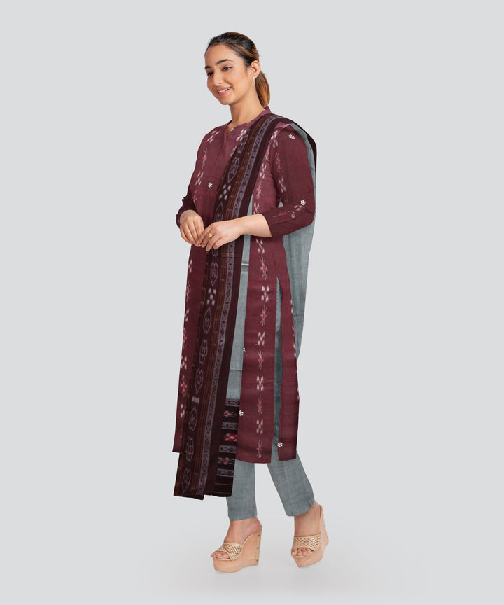 Maroon Grey Handloom Cotton Nuapatna Dress Material