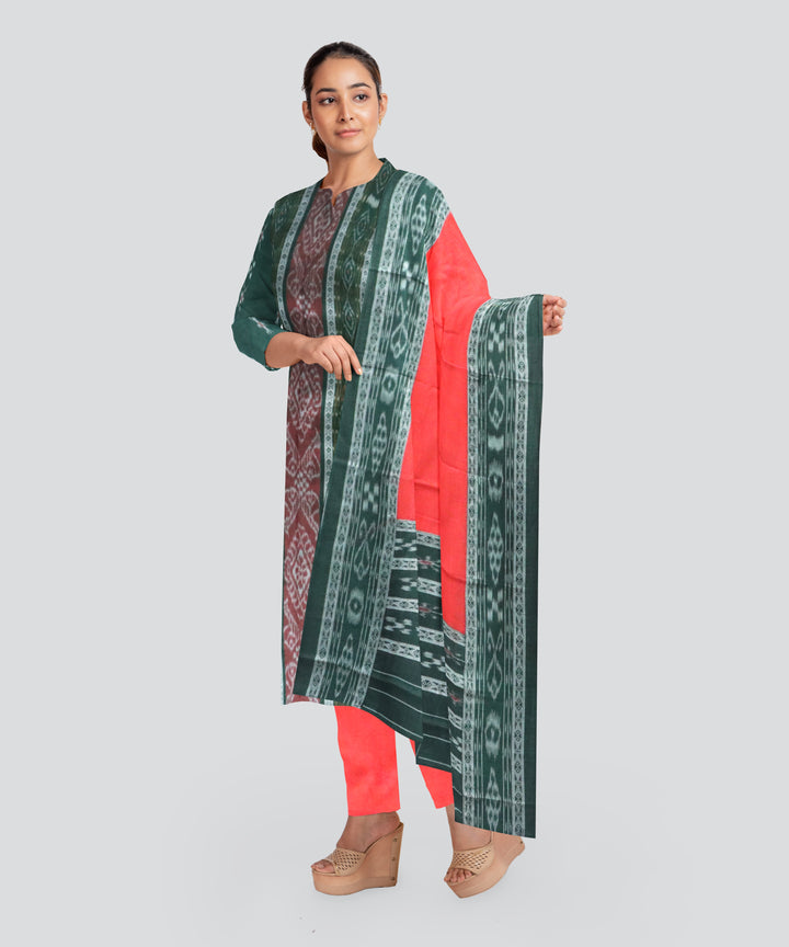 Dark Green Dark Red Handloom Nuapatna Cotton Dress Material