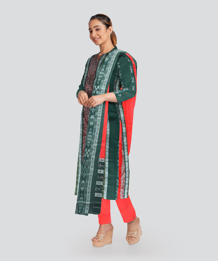 Dark Green Dark Red Handloom Nuapatna Cotton Dress Material