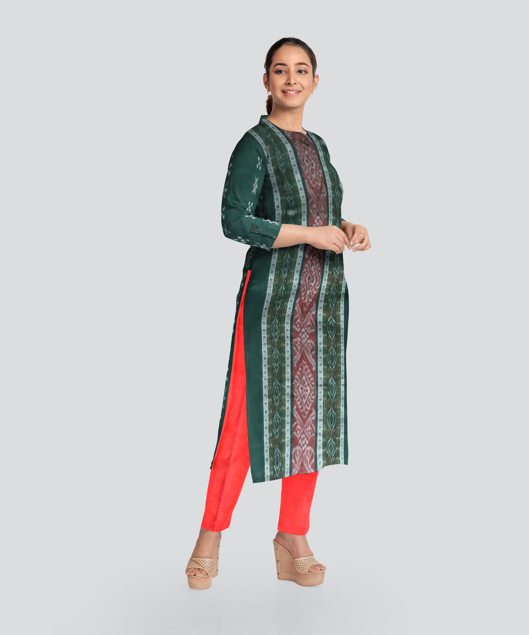 Dark Green Dark Red Handloom Nuapatna Cotton Dress Material