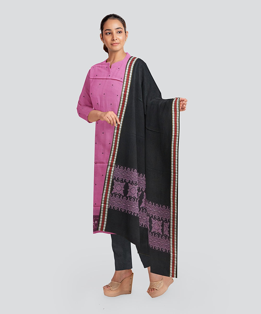 Pink Black Handloom Cotton Bomkai Dress Material