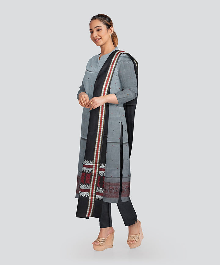 Grey Black Handloom Cotton Bomkai Dress Material