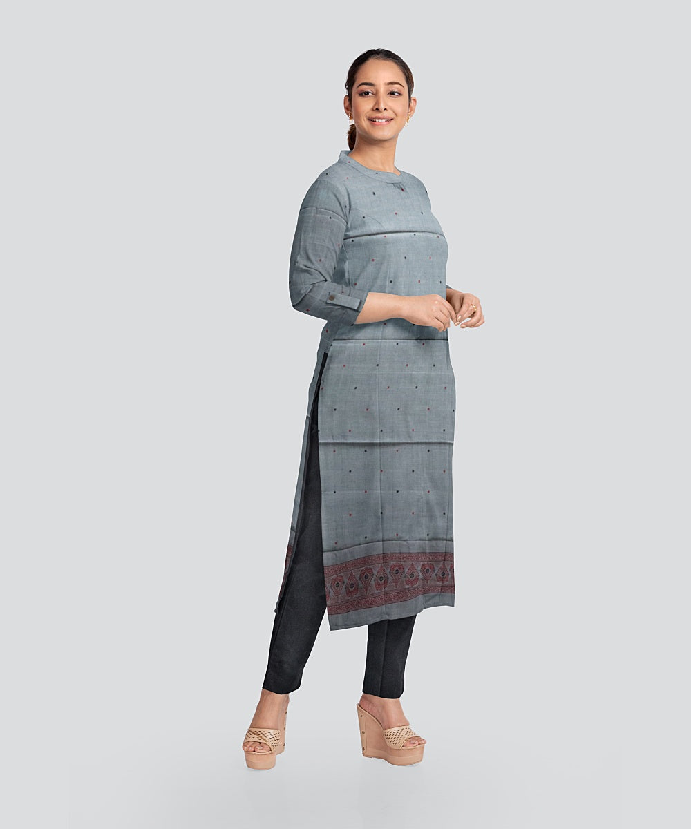 Grey Black Handloom Cotton Bomkai Dress Material