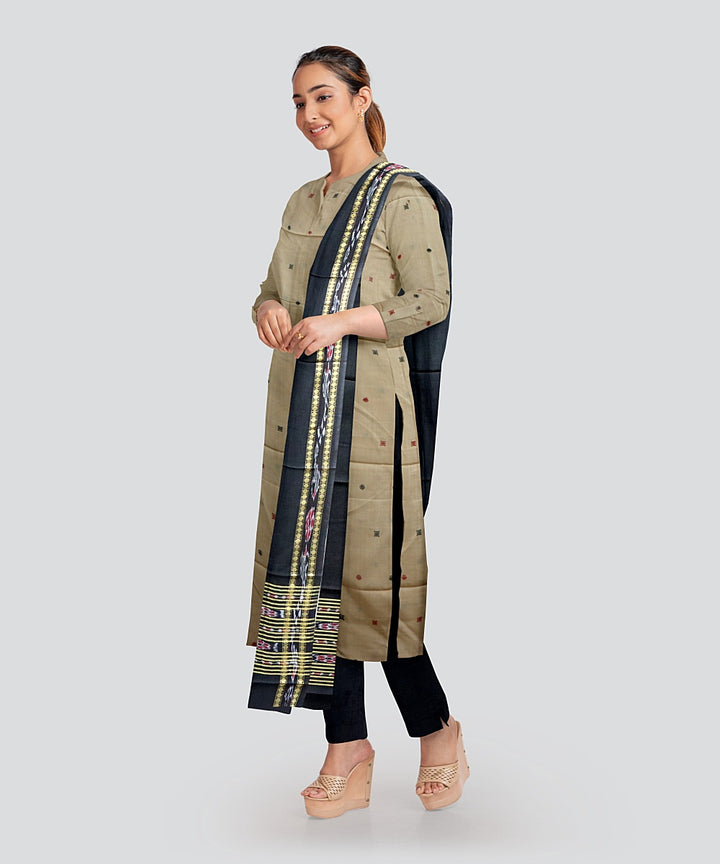 Cream Black Handloom Cotton Bomkai Dress Material