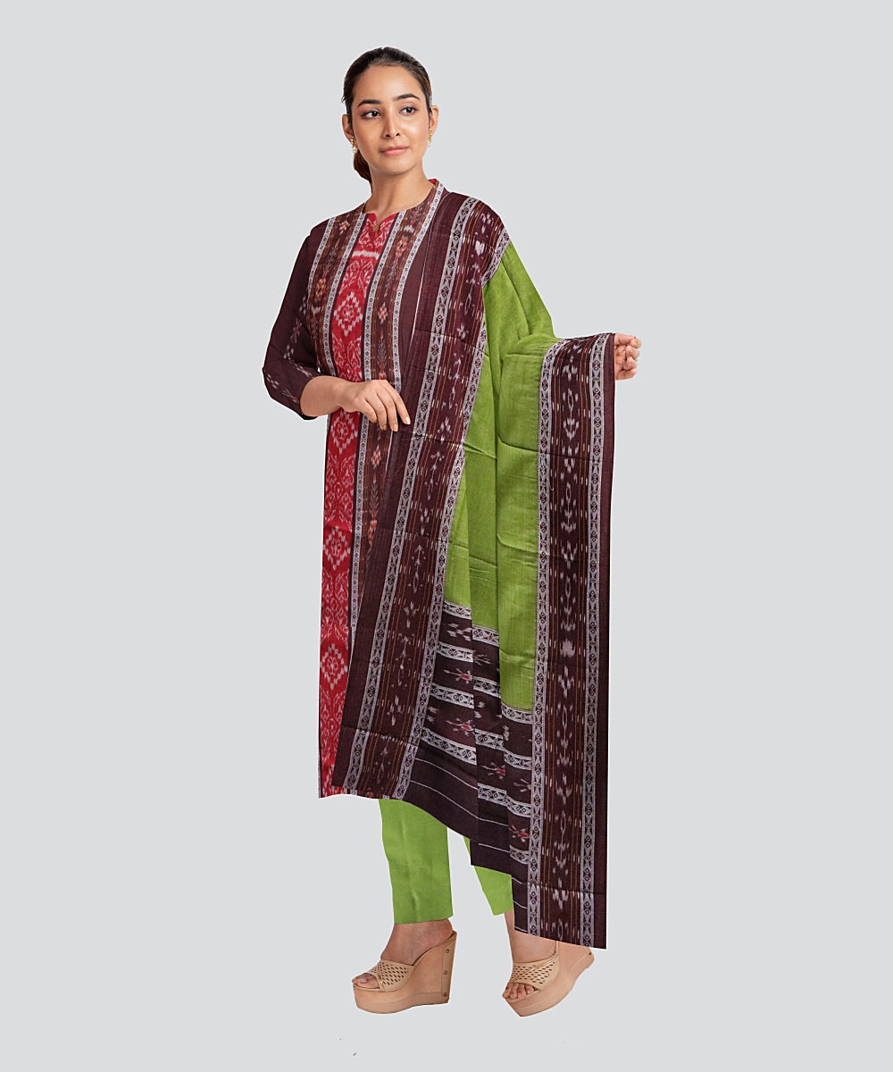 Maroon Olive Green Handloom Cotton Nuapatna Dress Material