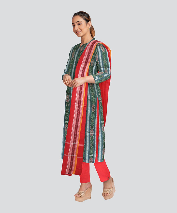 Dark Green Dark Red Handloom Cotton Nuapatna Dress Material