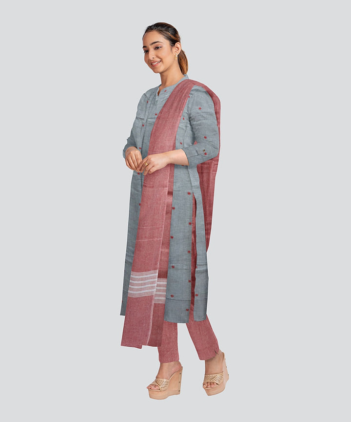 Grey Coral Pink Handloom Cotton Nuapatna Dress Material