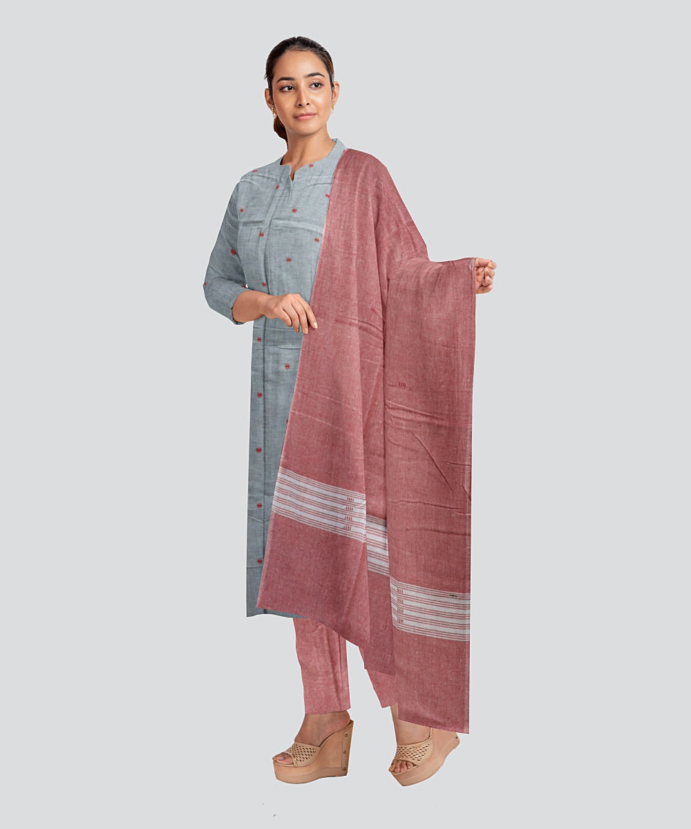 Grey Coral Pink Handloom Cotton Nuapatna Dress Material