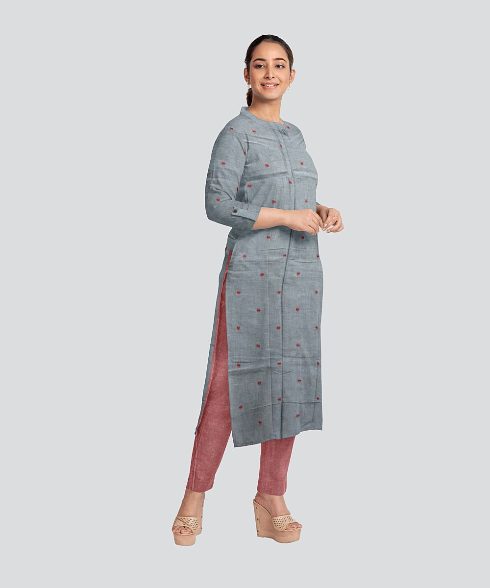Grey Coral Pink Handloom Cotton Nuapatna Dress Material