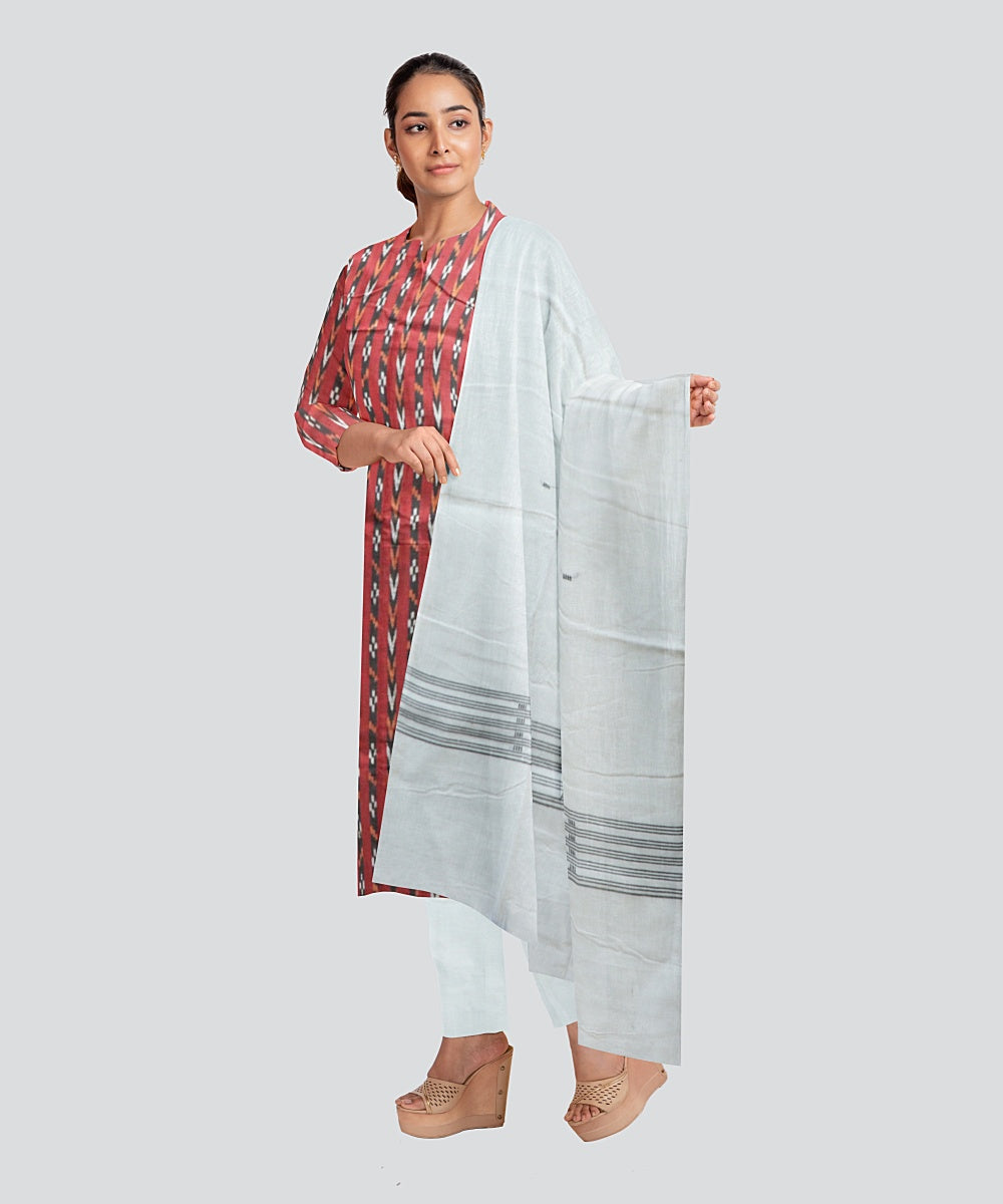 Maroon White Handloom Cotton Nuapatna Dress Material