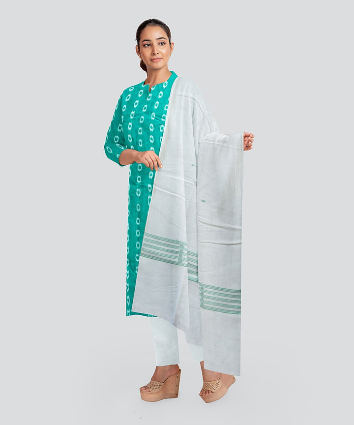 Teal Green White Handloom Cotton Nuapatna Dress Material
