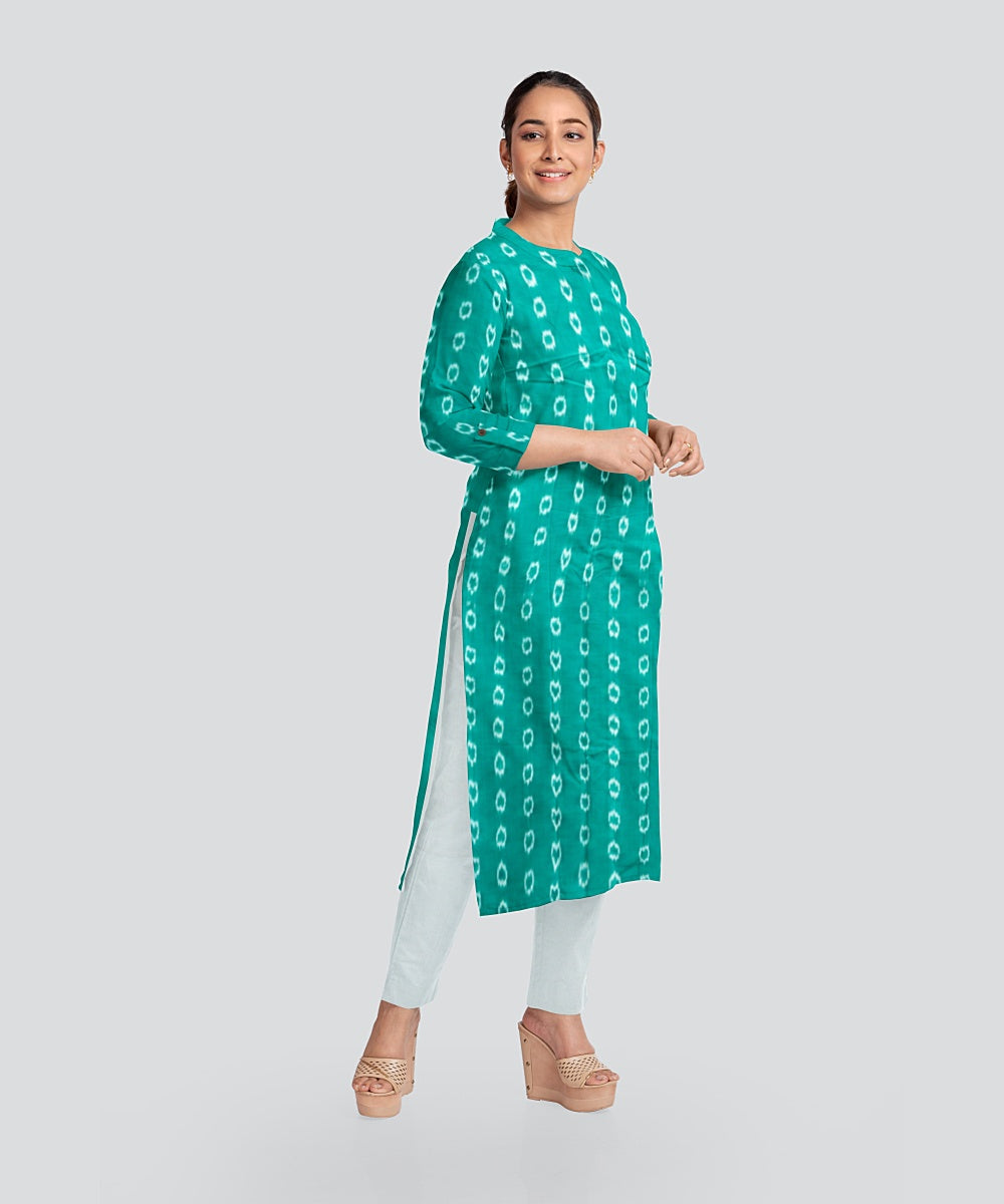 Teal Green White Handloom Cotton Nuapatna Dress Material