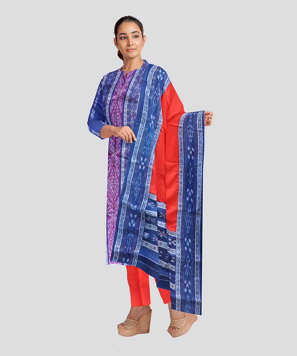 Navy Blue Dark Red Handloom Cotton Nuapatna Dress Material