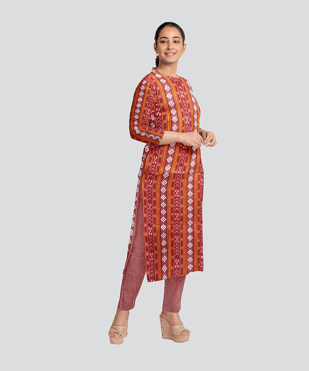 Maroon Coral Pink Handloom Cotton Nuapatna Dress Material