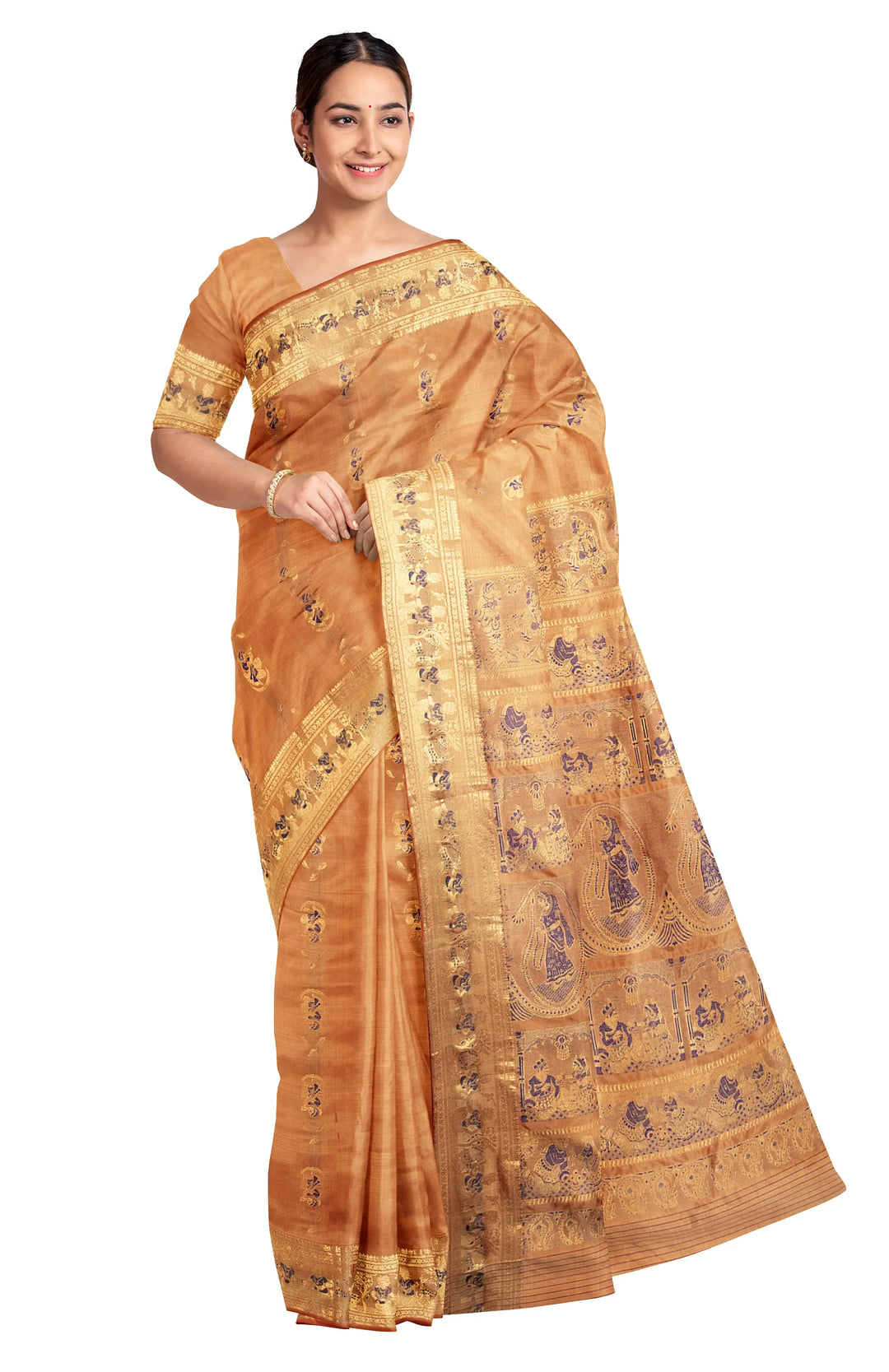 Peach mina work handwoven baluchari silk saree