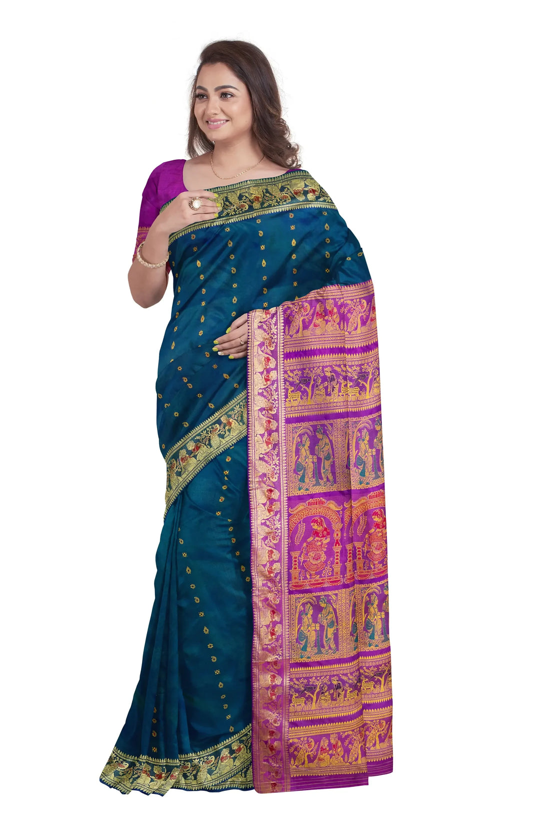 Baluchari Silk Saree with Mina Work – Peacock Green