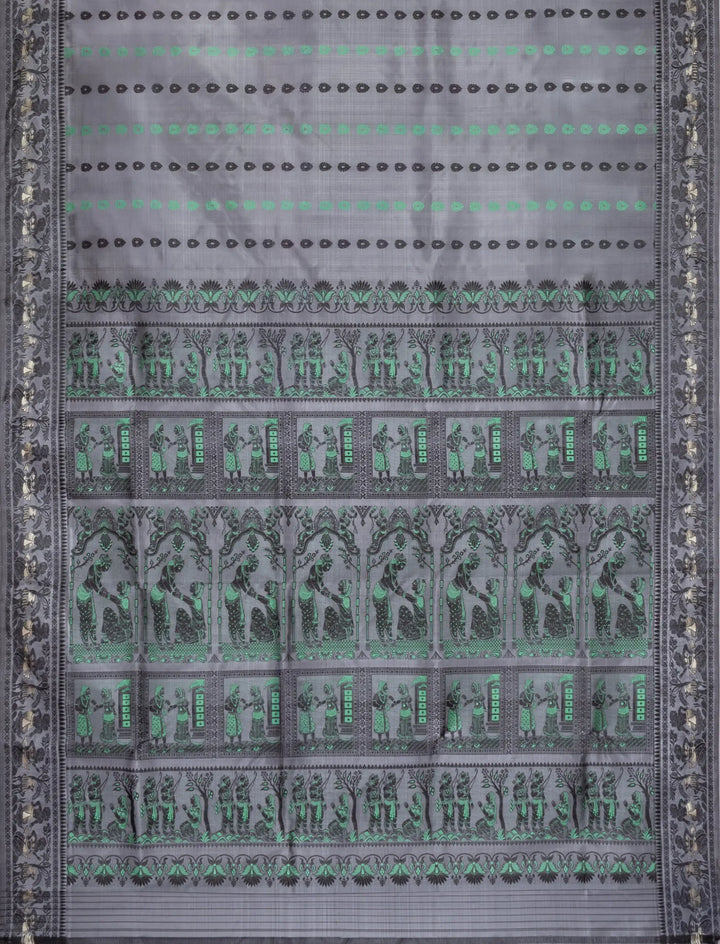 Grey black handwoven baluchari silk saree
