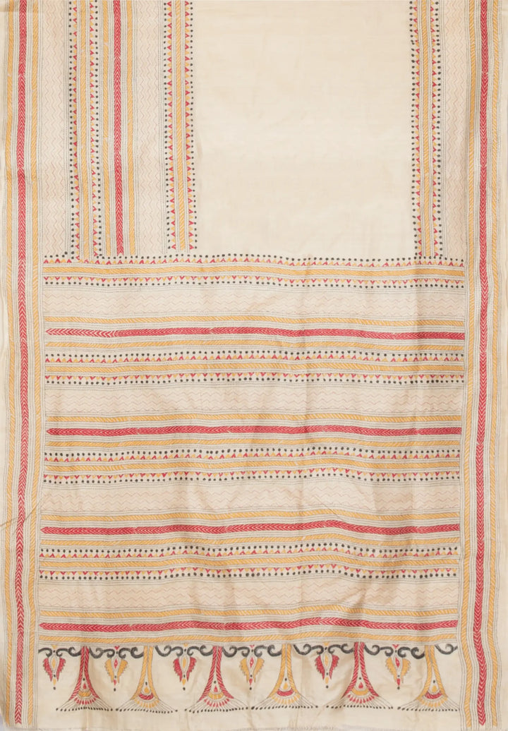 Multicolor handwoven kantha stitch tussar silk saree