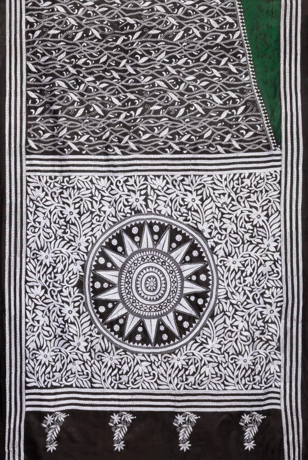 Dark green white batik print silk handprinted saree