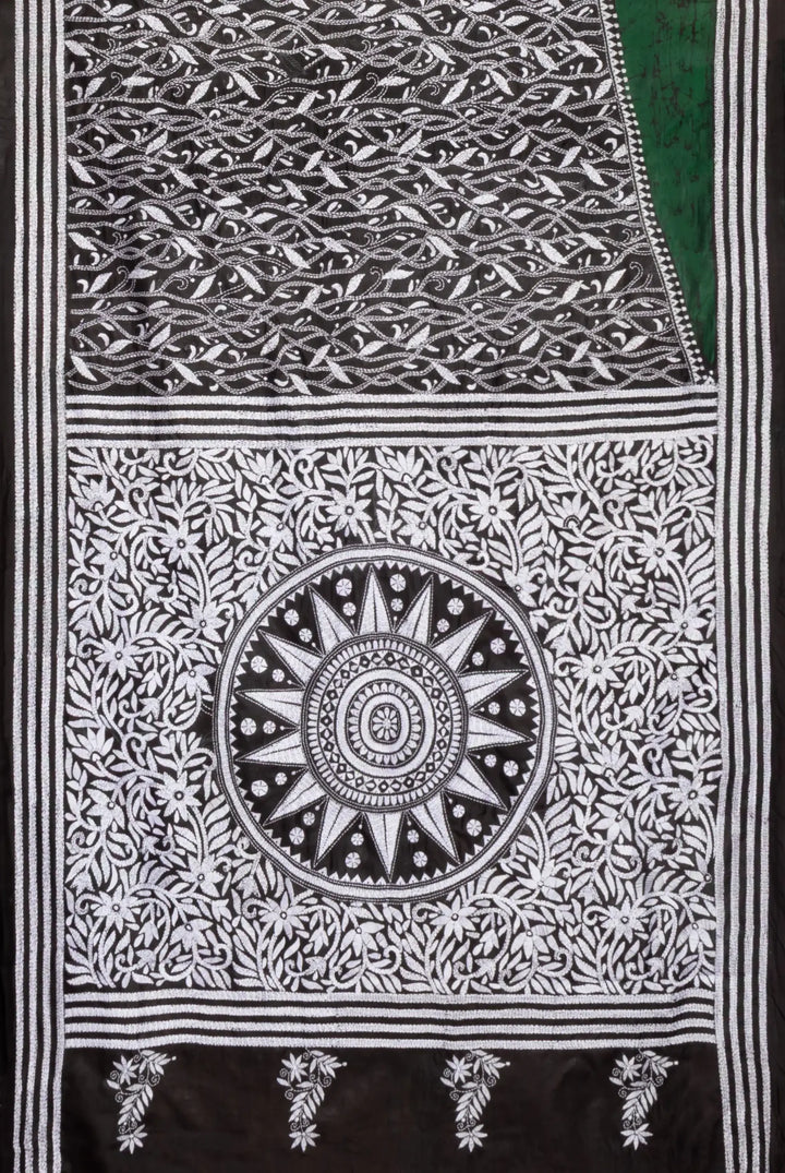 Dark green white batik print silk handprinted saree